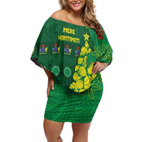 Cook Islands Christmas Family Matching Off Shoulder Short Dress and Hawaiian Shirt Seashell Xmas Tree Tribal Waves DT05 Mom's Dress Green - Polynesian Pride