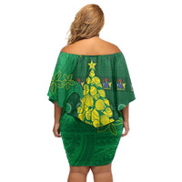 Cook Islands Christmas Family Matching Off Shoulder Short Dress and Hawaiian Shirt Seashell Xmas Tree Tribal Waves DT05 - Polynesian Pride