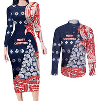Wallis And Futuna Christmas Couples Matching Long Sleeve Bodycon Dress and Long Sleeve Button Shirt Seashell Xmas Tree Tribal Waves DT05 Navy - Polynesian Pride