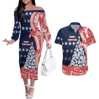 Wallis And Futuna Christmas Couples Matching Off The Shoulder Long Sleeve Dress and Hawaiian Shirt Seashell Xmas Tree Tribal Waves DT05 Navy - Polynesian Pride