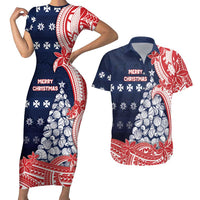 Wallis And Futuna Christmas Couples Matching Short Sleeve Bodycon Dress and Hawaiian Shirt Seashell Xmas Tree Tribal Waves DT05 Navy - Polynesian Pride