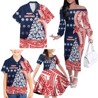 Wallis And Futuna Christmas Family Matching Off The Shoulder Long Sleeve Dress and Hawaiian Shirt Seashell Xmas Tree Tribal Waves DT05 - Polynesian Pride