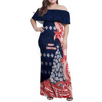 Wallis And Futuna Christmas Family Matching Off Shoulder Maxi Dress and Hawaiian Shirt Seashell Xmas Tree Tribal Waves DT05 Mom's Dress Navy - Polynesian Pride