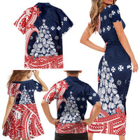 Wallis And Futuna Christmas Family Matching Short Sleeve Bodycon Dress and Hawaiian Shirt Seashell Xmas Tree Tribal Waves DT05 - Polynesian Pride