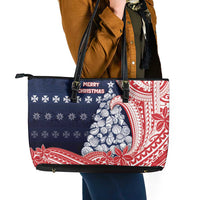 Wallis And Futuna Christmas Leather Tote Bag Seashell Xmas Tree Tribal Waves - Polynesian Pride
