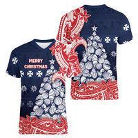 Wallis And Futuna Christmas Women V-Neck T-Shirt Seashell Xmas Tree Tribal Waves - Polynesian Pride