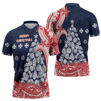 Wallis And Futuna Christmas Zipper Polo Shirt Seashell Xmas Tree Tribal Waves - Polynesian Pride