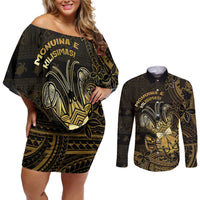 Niue Christmas Couples Matching Off Shoulder Short Dress and Long Sleeve Button Shirt Niuean Crab Xmas Tribal Waves - Polynesian Pride