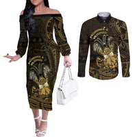 Niue Christmas Couples Matching Off The Shoulder Long Sleeve Dress and Long Sleeve Button Shirt Niuean Crab Xmas Tribal Waves DT05 Gold - Polynesian Pride
