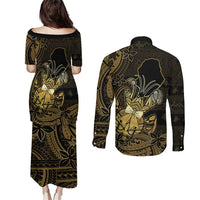 Niue Christmas Couples Matching Puletasi and Long Sleeve Button Shirt Niuean Crab Xmas Tribal Waves - Polynesian Pride