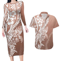 Hawaii Puakenikeni And Maile Lei Couples Matching Long Sleeve Bodycon Dress and Hawaiian Shirt Brown Polynesian Shark Tattoo DT05 Brown - Polynesian Pride