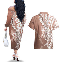 Hawaii Puakenikeni And Maile Lei Couples Matching Off The Shoulder Long Sleeve Dress and Hawaiian Shirt Brown Polynesian Shark Tattoo DT05 - Polynesian Pride
