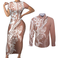Hawaii Puakenikeni And Maile Lei Couples Matching Short Sleeve Bodycon Dress and Long Sleeve Button Shirt Brown Polynesian Shark Tattoo DT05 Brown - Polynesian Pride