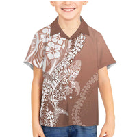 Hawaii Puakenikeni And Maile Lei Family Matching Mermaid Dress and Hawaiian Shirt Brown Polynesian Shark Tattoo DT05 Son's Shirt Brown - Polynesian Pride