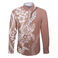 Hawaii Puakenikeni And Maile Lei Family Matching Off Shoulder Short Dress and Hawaiian Shirt Brown Polynesian Shark Tattoo DT05 Dad's Shirt - Long Sleeve Brown - Polynesian Pride