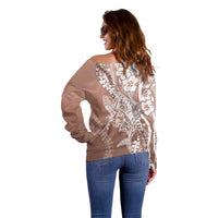 Hawaii Puakenikeni And Maile Lei Off Shoulder Sweater Brown Polynesian Shark Tattoo DT05