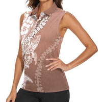 Hawaii Puakenikeni And Maile Lei Women Sleeveless Polo Shirt Brown Polynesian Shark Tattoo DT05 - Polynesian Pride