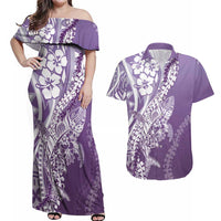 Hawaii Puakenikeni And Maile Lei Couples Matching Off Shoulder Maxi Dress and Hawaiian Shirt Violet Polynesian Shark Tattoo DT05 Violet - Polynesian Pride