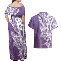 Hawaii Puakenikeni And Maile Lei Couples Matching Off Shoulder Maxi Dress and Hawaiian Shirt Violet Polynesian Shark Tattoo DT05 - Polynesian Pride