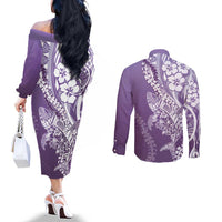 Hawaii Puakenikeni And Maile Lei Couples Matching Off The Shoulder Long Sleeve Dress and Long Sleeve Button Shirt Violet Polynesian Shark Tattoo DT05 - Polynesian Pride