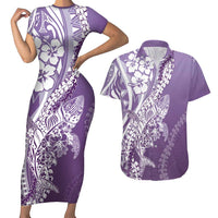 Hawaii Puakenikeni And Maile Lei Couples Matching Short Sleeve Bodycon Dress and Hawaiian Shirt Violet Polynesian Shark Tattoo DT05 Violet - Polynesian Pride