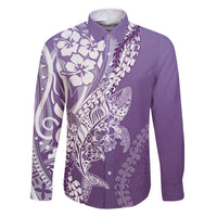 Hawaii Puakenikeni And Maile Lei Family Matching Off Shoulder Short Dress and Hawaiian Shirt Violet Polynesian Shark Tattoo DT05 Dad's Shirt - Long Sleeve Violet - Polynesian Pride