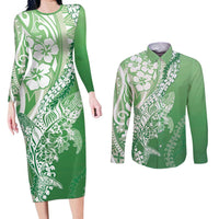 Hawaii Puakenikeni And Maile Lei Couples Matching Long Sleeve Bodycon Dress and Long Sleeve Button Shirt Green Polynesian Shark Tattoo DT05 Green - Polynesian Pride