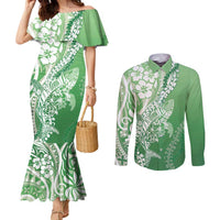 Hawaii Puakenikeni And Maile Lei Couples Matching Mermaid Dress and Long Sleeve Button Shirt Green Polynesian Shark Tattoo DT05 Green - Polynesian Pride