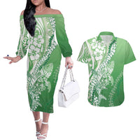Hawaii Puakenikeni And Maile Lei Couples Matching Off The Shoulder Long Sleeve Dress and Hawaiian Shirt Green Polynesian Shark Tattoo DT05 Green - Polynesian Pride