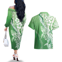 Hawaii Puakenikeni And Maile Lei Couples Matching Off The Shoulder Long Sleeve Dress and Hawaiian Shirt Green Polynesian Shark Tattoo DT05 - Polynesian Pride