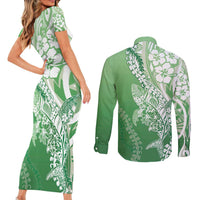 Hawaii Puakenikeni And Maile Lei Couples Matching Short Sleeve Bodycon Dress and Long Sleeve Button Shirt Green Polynesian Shark Tattoo DT05 - Polynesian Pride