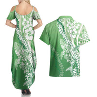 Hawaii Puakenikeni And Maile Lei Couples Matching Summer Maxi Dress and Hawaiian Shirt Green Polynesian Shark Tattoo DT05 - Polynesian Pride
