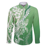 Hawaii Puakenikeni And Maile Lei Family Matching Off The Shoulder Long Sleeve Dress and Hawaiian Shirt Green Polynesian Shark Tattoo DT05 Dad's Shirt - Long Sleeve Green - Polynesian Pride