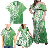 Hawaii Puakenikeni And Maile Lei Family Matching Off Shoulder Maxi Dress and Hawaiian Shirt Green Polynesian Shark Tattoo DT05 - Polynesian Pride