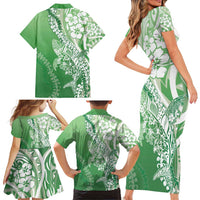 Hawaii Puakenikeni And Maile Lei Family Matching Short Sleeve Bodycon Dress and Hawaiian Shirt Green Polynesian Shark Tattoo DT05 - Polynesian Pride