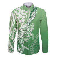 Hawaii Puakenikeni And Maile Lei Family Matching Tank Maxi Dress and Hawaiian Shirt Green Polynesian Shark Tattoo DT05 Dad's Shirt - Long Sleeve Green - Polynesian Pride