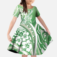 Hawaii Puakenikeni And Maile Lei Kid Short Sleeve Dress Green Polynesian Shark Tattoo DT05