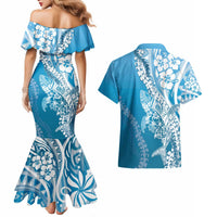 Hawaii Puakenikeni And Maile Lei Couples Matching Mermaid Dress and Hawaiian Shirt Blue Polynesian Shark Tattoo DT05 - Polynesian Pride