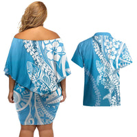 Hawaii Puakenikeni And Maile Lei Couples Matching Off Shoulder Short Dress and Hawaiian Shirt Blue Polynesian Shark Tattoo DT05 - Polynesian Pride
