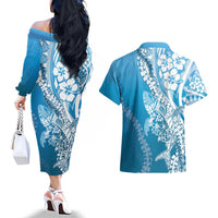 Hawaii Puakenikeni And Maile Lei Couples Matching Off The Shoulder Long Sleeve Dress and Hawaiian Shirt Blue Polynesian Shark Tattoo DT05 - Polynesian Pride
