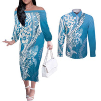 Hawaii Puakenikeni And Maile Lei Couples Matching Off The Shoulder Long Sleeve Dress and Long Sleeve Button Shirt Blue Polynesian Shark Tattoo DT05 Blue - Polynesian Pride