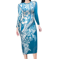 Hawaii Puakenikeni And Maile Lei Family Matching Long Sleeve Bodycon Dress and Hawaiian Shirt Blue Polynesian Shark Tattoo DT05 Mom's Dress Blue - Polynesian Pride