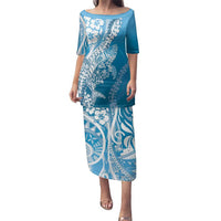 Hawaii Puakenikeni And Maile Lei Family Matching Puletasi and Hawaiian Shirt Blue Polynesian Shark Tattoo DT05 Mom's Dress Blue - Polynesian Pride