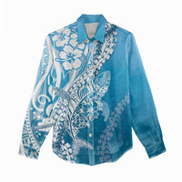Hawaii Puakenikeni And Maile Lei Women Casual Shirt Blue Polynesian Shark Tattoo DT05
