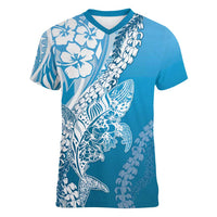 Hawaii Puakenikeni And Maile Lei Women V-Neck T-Shirt Blue Polynesian Shark Tattoo DT05
