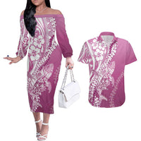 Hawaii Puakenikeni And Maile Lei Couples Matching Off The Shoulder Long Sleeve Dress and Hawaiian Shirt Pink Polynesian Shark Tattoo DT05 Pink - Polynesian Pride