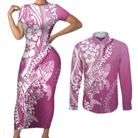 Hawaii Puakenikeni And Maile Lei Couples Matching Short Sleeve Bodycon Dress and Long Sleeve Button Shirt Pink Polynesian Shark Tattoo DT05 Pink - Polynesian Pride