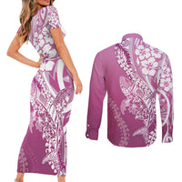 Hawaii Puakenikeni And Maile Lei Couples Matching Short Sleeve Bodycon Dress and Long Sleeve Button Shirt Pink Polynesian Shark Tattoo DT05 - Polynesian Pride