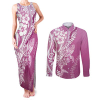 Hawaii Puakenikeni And Maile Lei Couples Matching Tank Maxi Dress and Long Sleeve Button Shirt Pink Polynesian Shark Tattoo DT05 Pink - Polynesian Pride