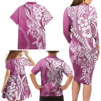 Hawaii Puakenikeni And Maile Lei Family Matching Long Sleeve Bodycon Dress and Hawaiian Shirt Pink Polynesian Shark Tattoo DT05 - Polynesian Pride